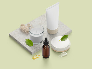 cosmetic cream and green leaves