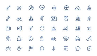 Editable hobby icons set featuring lifestyle pursuits: music, travel, sports, health, outdoor activities, fitness, camping, reading, dancing, photography, DIY, aromatherapy and more.