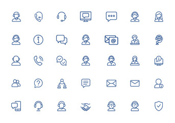Customer support and service icon set for call center, client contact, online help, chat, operator assistance, inquiry, reception, communication, FAQ, network, conversation, vector illustration