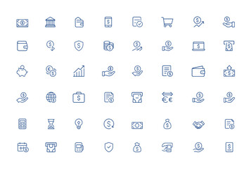 Editable money and payment icon collection featuring finance, banking, credit cards, mobile payment, shopping cart, cash, investment, currency, ATM, piggy bank, trade, saving and more.