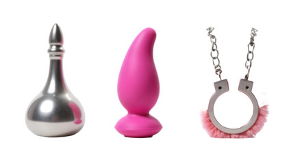 Isolated set of three adult-themed items on a transparent background: a silver metal butt plug with a smooth reflective surface, a pink silicone vibrator with ergonomic curves, and a pair of metal.