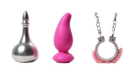 Isolated set of three adult-themed items on a transparent background: a silver metal butt plug with a smooth reflective surface, a pink silicone vibrator with ergonomic curves, and a pair of metal.