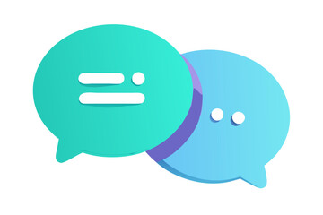 Fototapeta premium Two overlapping speech bubbles, teal and light blue, representing communication. 