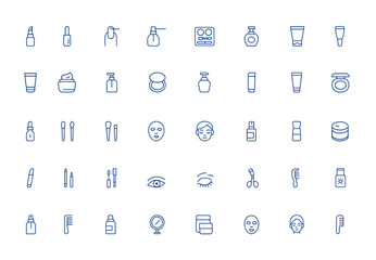 Editable stroke vector illustration of makeup and cosmetics line icons for beauty, skincare, fashion, tools, brushes, cosmetic products, beauty care, personal grooming, style, glamour and more.