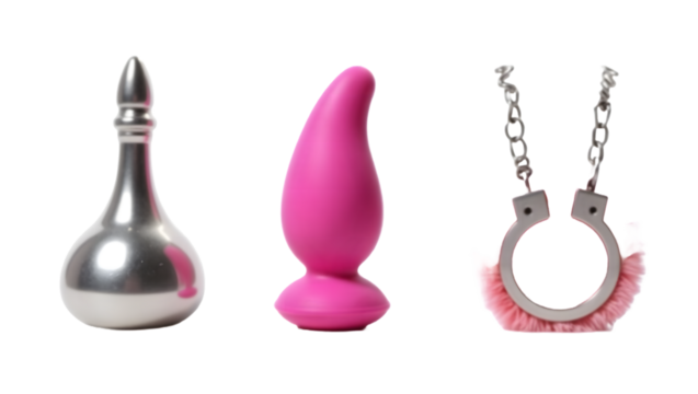 Isolated set of three adult-themed items on a transparent background: a silver metal butt plug with a smooth reflective surface, a pink silicone vibrator with ergonomic curves, and a pair of metal.