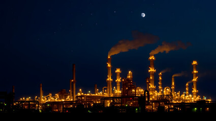 Fototapeta premium An industrial complex illuminated at night, with smokestacks releasing emissions and a moon and stars in the sky
