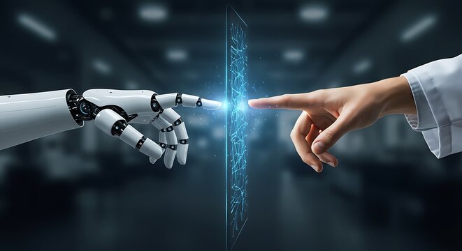 Human hand and robotic hand touching a digital screen, technology concept.