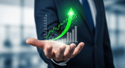 Man holding a financial chart with a green upward arrow, symbolizing business growth and investment success.