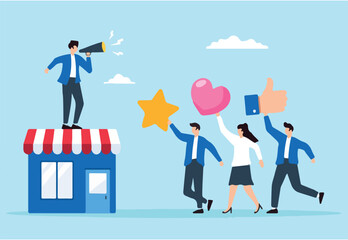 Flat illustration of store owner with megaphone speaks to loyal customers positive feedback brand engagement increase sale marketing strategy
