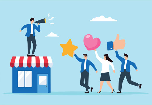 Flat illustration of store owner with megaphone speaks to loyal customers positive feedback brand engagement increase sale marketing strategy