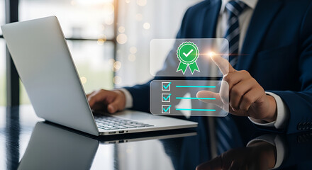 Businessman Touching Digital Approval Badge with Verified Checklist Interface Display