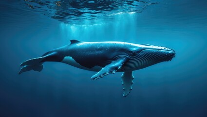 Naklejka premium A whale swimming underwater with a blue ocean background. Marine life and aquatic creatures. The image of a whale in its natural habitat.
