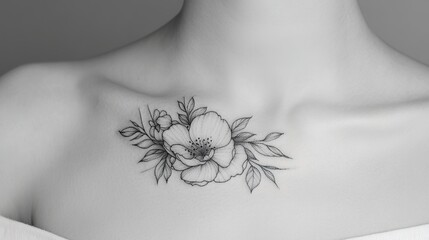 Small flower tattoo on the collarbone in line art.