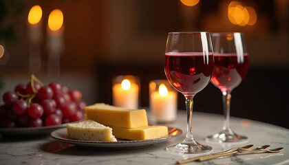 Wine glass, cheese platter, and grapes on marble table with candlelight, luxurious still life composition