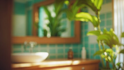 Fototapeta premium A blurry image of a bathroom with a vessel sink, mirror, green tiles, and lush plants.