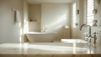 Bright bathroom with bathtub, sink, and natural lighting through window shutters. Home interior design, bathroom decor. The concept of cleanliness and relaxation.