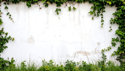 Textured weathered white wall enveloped by verdant foliage creating a natural frame