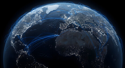 Earth Globe with Blue Network Lines in Dark Space