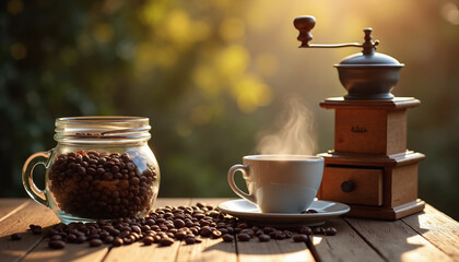 Aromatic coffee beans, vintage grinder, and steaming cup on rustic wooden table with warm morning light, elegant still life