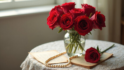 Red roses in vase, vintage letters, and pearls on lace cloth with soft window light, romantic still life photography