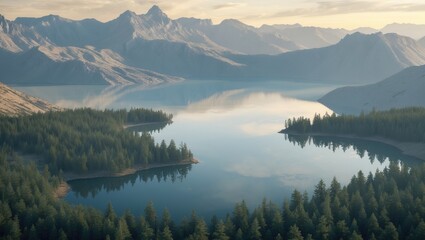 Scenic view of mountains and lake with forests surrounding the water. Nature and landscape photography. Mountain and water landscape.