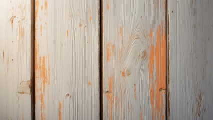 Fototapeta premium Close-up of weathered wooden planks with faded paint, showing natural wood grain and knots.