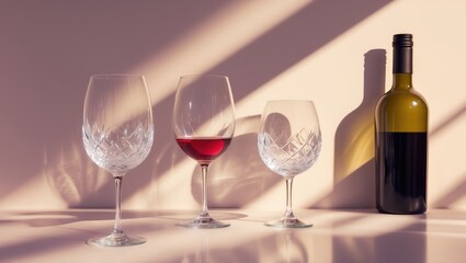 A wine bottle and three wine glasses, one filled with red wine, with sunlight and shadows creating a warm atmosphere.