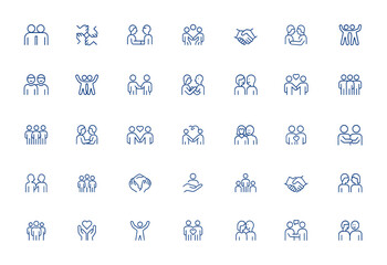 Line icons of friendship, teamwork, communication, and community. Editable stroke vector illustration for social connection, collaboration, support, network, unity, partnership and more.