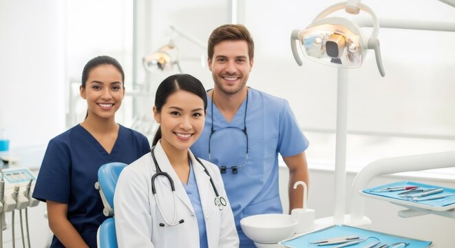 Women and man team of dentists and assistants in dentist office. Healthcare profession and medicine concept.