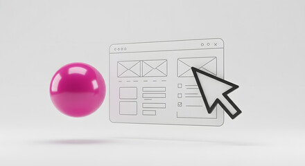 Abstract Pink Sphere with Mockup Website and Black Cursor on White Background