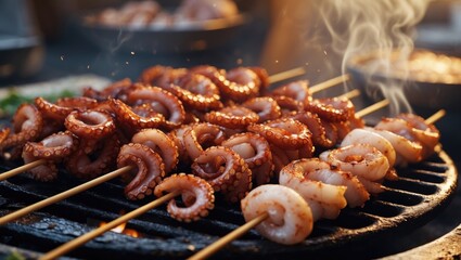 Skewers of grilled octopus and seafood on a barbecue.