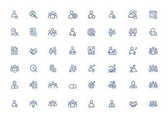 Fototapeta premium Human resources icon collection: editable personnel, recruitment, employee management, manpower, corporate HR, teamwork, business strategy, training, interviews, communication and more.