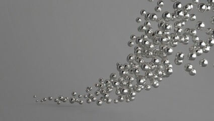 Silver Spheres Cascade: A Metallic Wave on a Gray Gradient Background, Abstract Composition