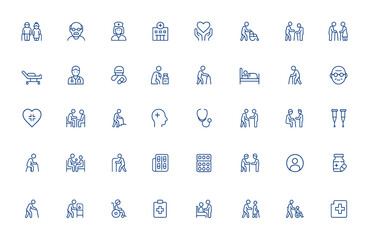Senior citizens nursing home icon set, medical care line symbols with editable stroke, vector illustration for elderly healthcare, hospital support, aged care, geriatric services, wellbeing and more.