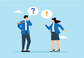 Flat illustration of businessman and businesswoman ask answer with question and exclamation mark engaging in QA session to solve workplace problem