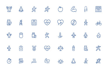 Editable diet and fitness icon pack featuring exercise, yoga, running, muscle training, swimming, weight loss, health, gym, supplements, stretching, heart rate, skipping, and wellness icons and more.