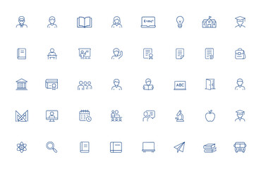 Editable line icons of education and school teacher symbols for learning, teaching, classroom, knowledge, student, training, academic, lesson, tutor, study, school, vector illustration and more.