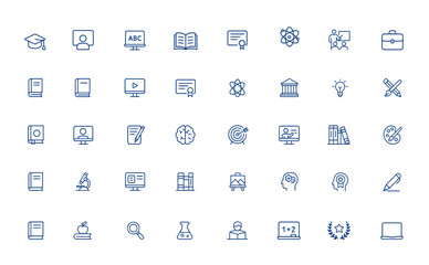 Editable stroke education icon set, line vector illustration for school, study, teacher, student, e-learning, university, classroom, lesson, diploma, lecture, notebook, science, library and more.