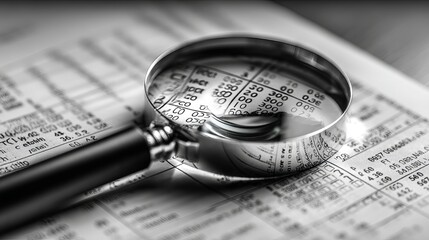 A close-up of a magnifying glass over a detailed financial report in grayscale.