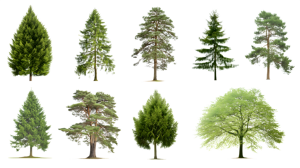 collection of various tree species isolated on white background