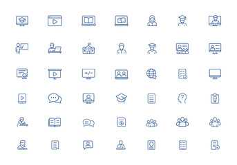 Editable online education icon set for e-learning, training, study, teacher, school, student, qualification, lecturer, video call, cyberspace, personal computer, tablet, chat, vector illustration