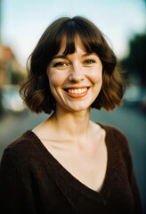 Fototapeta premium Outdoor portrait of a young woman in a V-neck sweater with short wavy bob haircut, standing in a blurred urban setting with soft natural light.