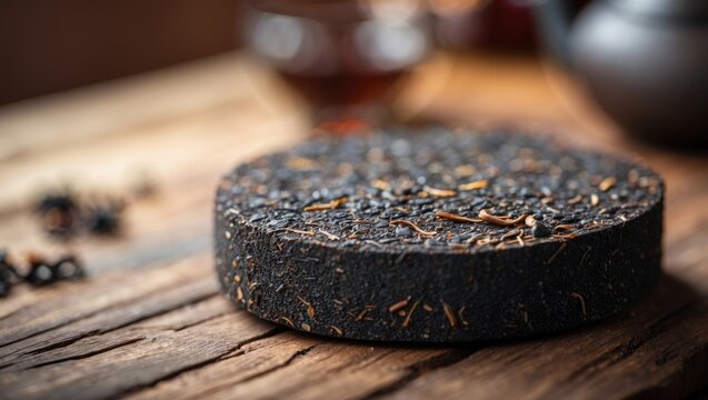 A black charcoal soap or cake with herbs on top, placed on a rustic wooden surface.