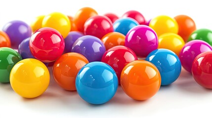 Assorted bright plastic balls scattered randomly, isolated on white background, perfect for children's toy or play concept