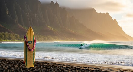 Vintage Yellow Surfboard on Black Sand Beach with Surfer and Dramatic Mountain Backdrop