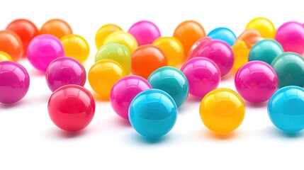 Assorted bright plastic balls scattered randomly, isolated on white background, perfect for children's toy or play concept