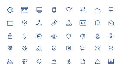 Information technology icons with editable stroke. Vector illustration of network, internet, website, data transmission, digital communication, IT infrastructure, technology symbols and more.