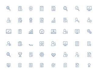 Audit and assessment line icons with editable stroke, vector illustration. Includes analysis, evaluation, plan, quality process, result, goal, inspection, review, metrics, performance and more.