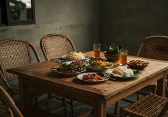 Sumptuous Indonesian feast laid out on rustic wooden table with woven chairs evoking authentic dining experience