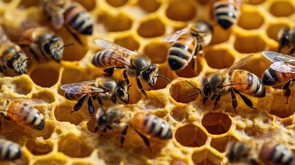 Bees clustered on honeycomb cells, working diligently to fill them with nectar inside the hive